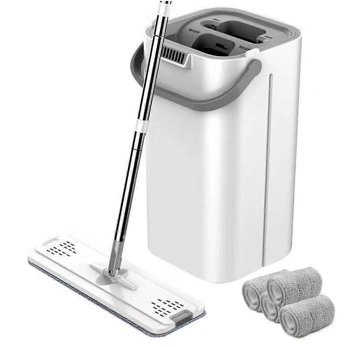 Mopp- und Eimer-Set (mit Presse), freihändiger Flachmopp und Eimer, inklusive 3 waschbarer Mikrofaser-Pads