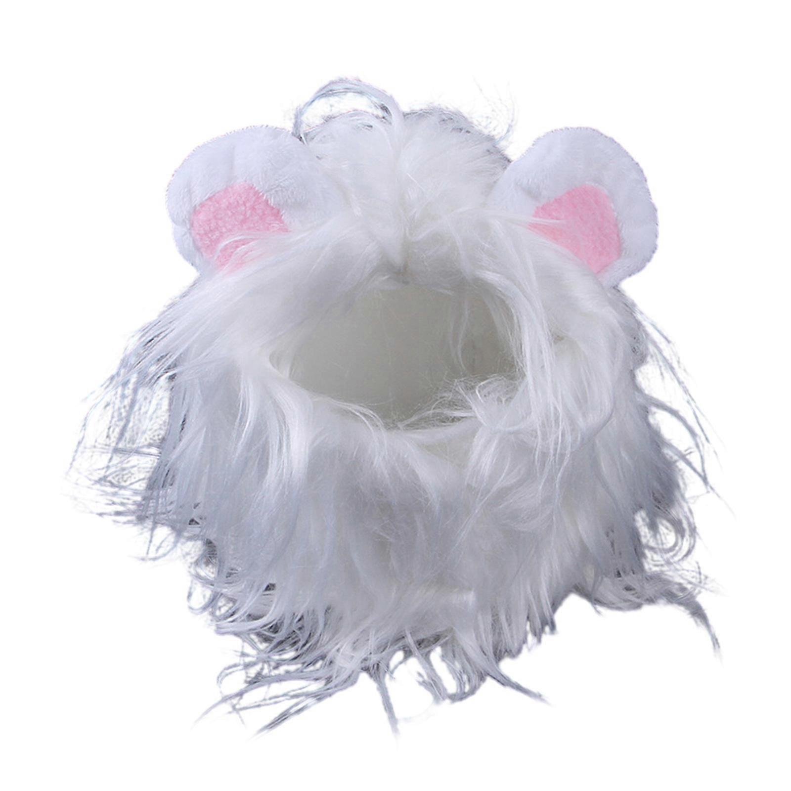Plush Lion Mane Shape Hat for Cat Halloween Mischievous Party Hat Pet Winter Keep Warm Hat with Elastic Neck Strap White M