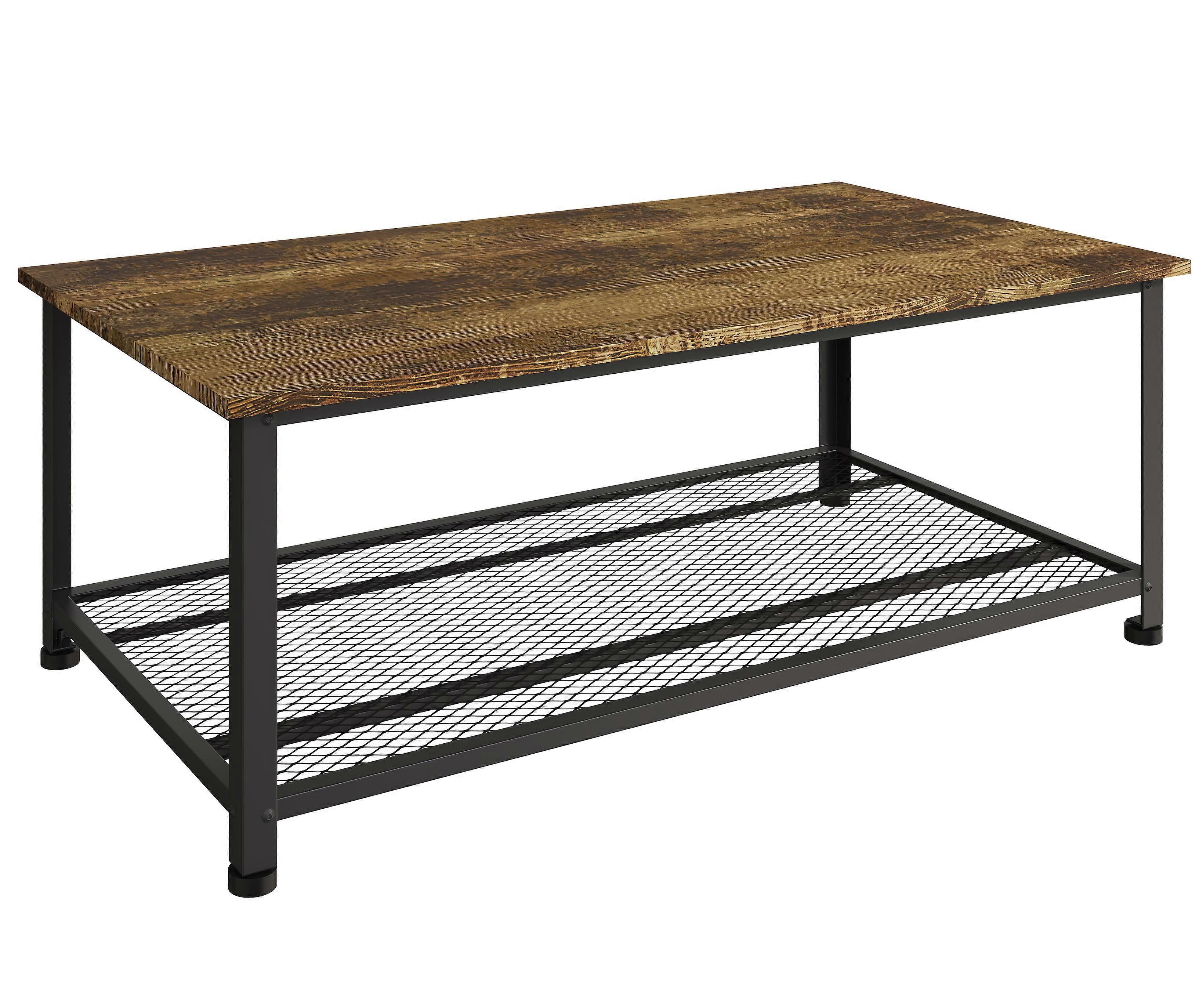 Rustic Coffee Table with Oak Finish & Black Metal Frame Open Storage