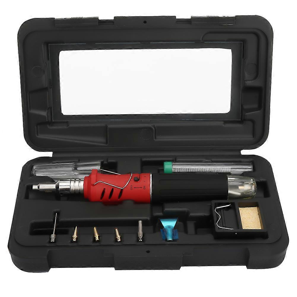 Gas Soldering Iron Kit, 10PCS HS-1115K Multifunction Butane Gas Soldering Iron Cordless Solder Welding Torch Kit (Handle red Model)