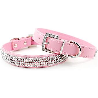 SBMLV-Full Crystal Rhinestones Shing Diamonds PU Leather Dog Pet Collars with Rhinestones BucklePinkSmall:5/8"*10-13"