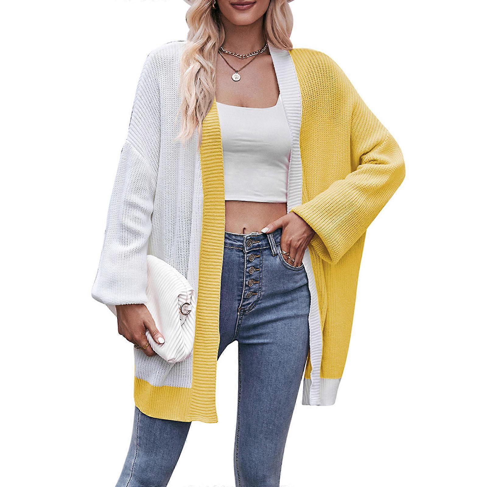 Womens Long Cardigans Cable Knitted Open Front Oversized Color Block Outerwear Sweater Coat Knitwear Yellow XL