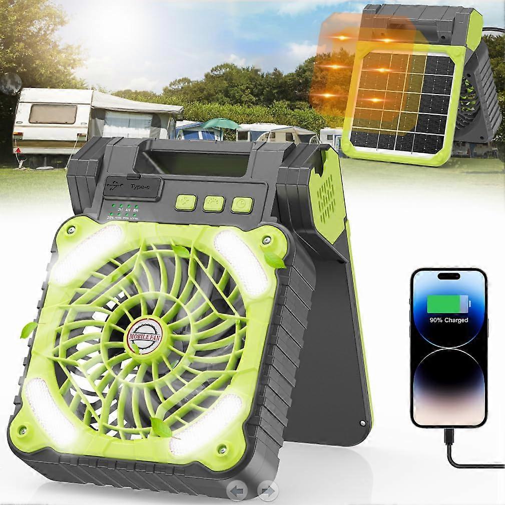 Rechargeable Solar Camping Fan with LED Light, Portable Design, Lightweight, USB Compatible