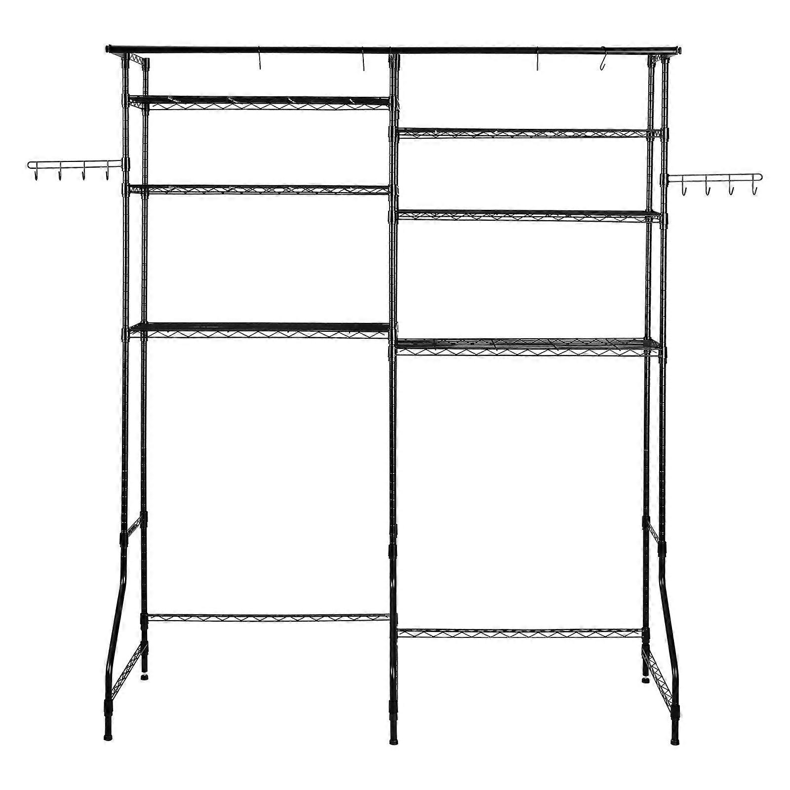 Over Washer and Dryer Storage Shelves, 6 Tiers Drying Rack with Hanger Rod and Hooks, Two Rows Adjustable Washer Shelves, Black