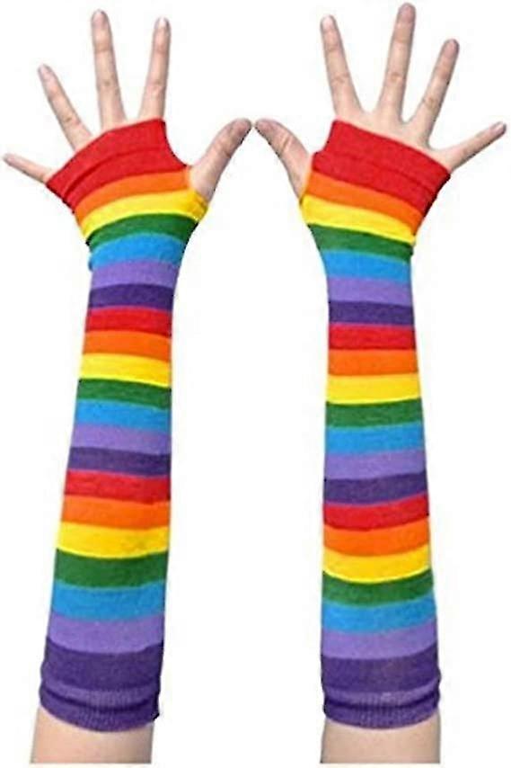 Rainbow Stripe Arm Leg Warmer Knit Fingerless Gloves Stockings Costume(colorful)(1pair)