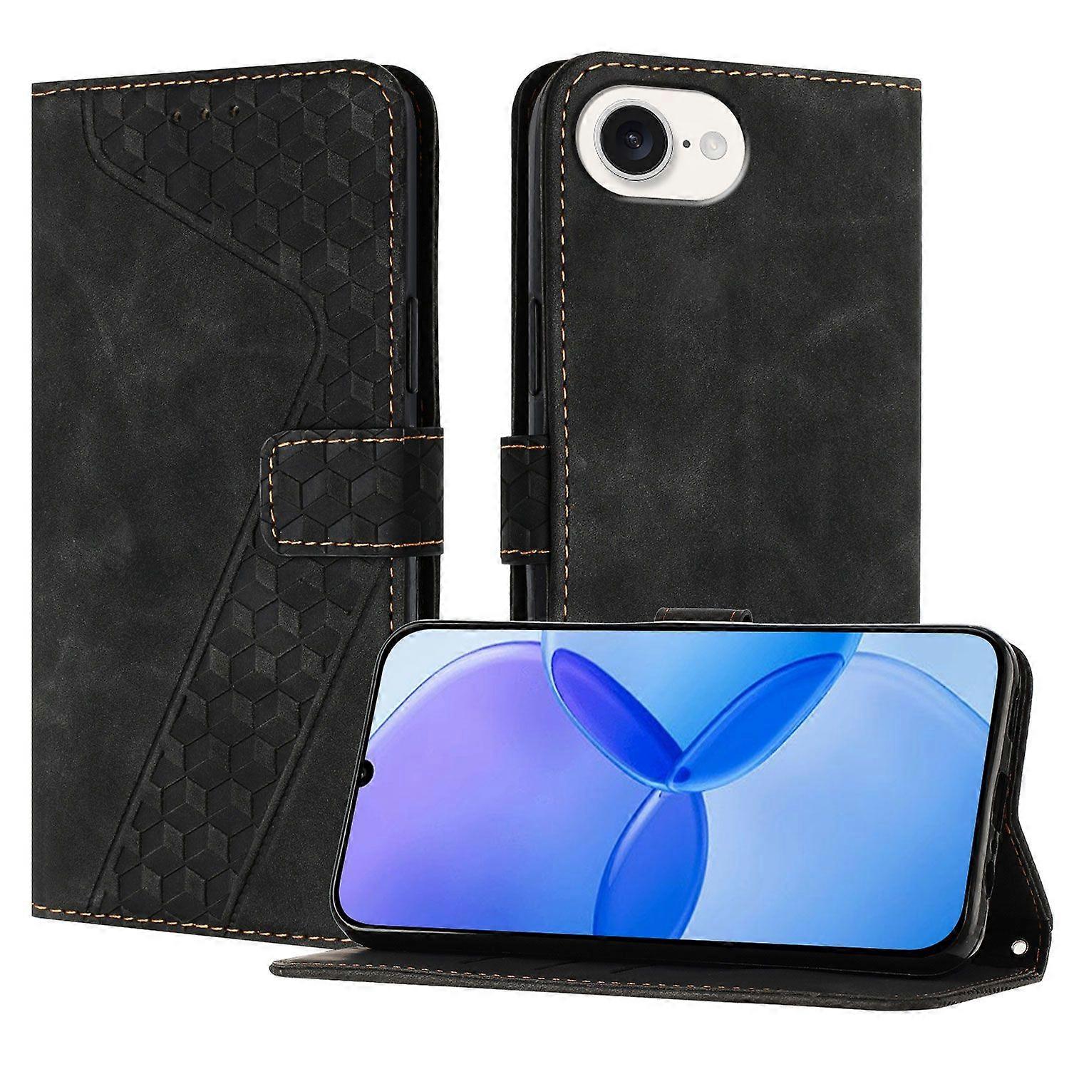 For iPhone 16e Leather Case 7-Shaped Pattern Wallet Stand Shockproof Phone Cover - Black