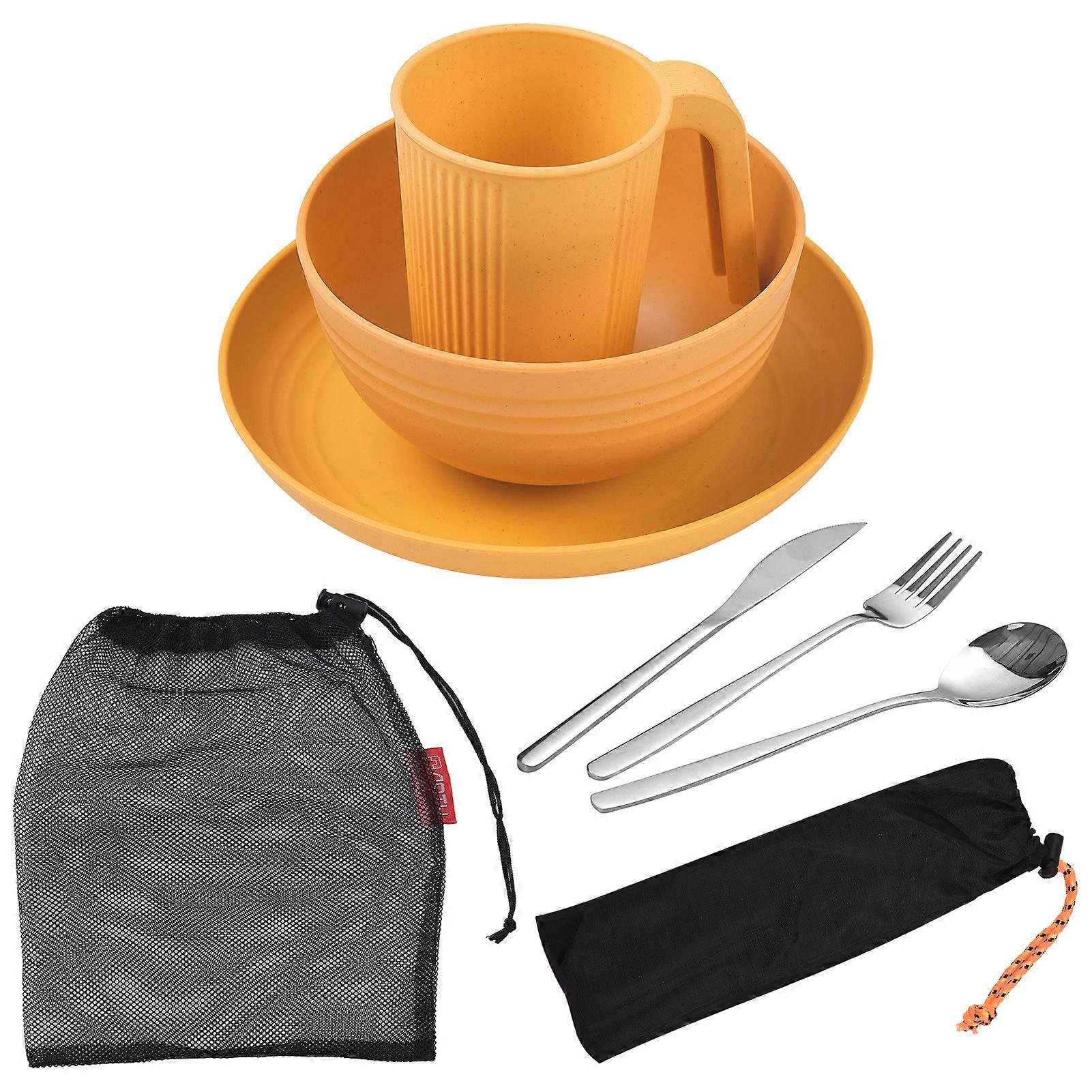 Camping Utensils Set for 1 Portable Wheat Straw Mess Kit with Bowl Plate Cup Fork Knife Spoon Outdoor Tableware & Picnicware