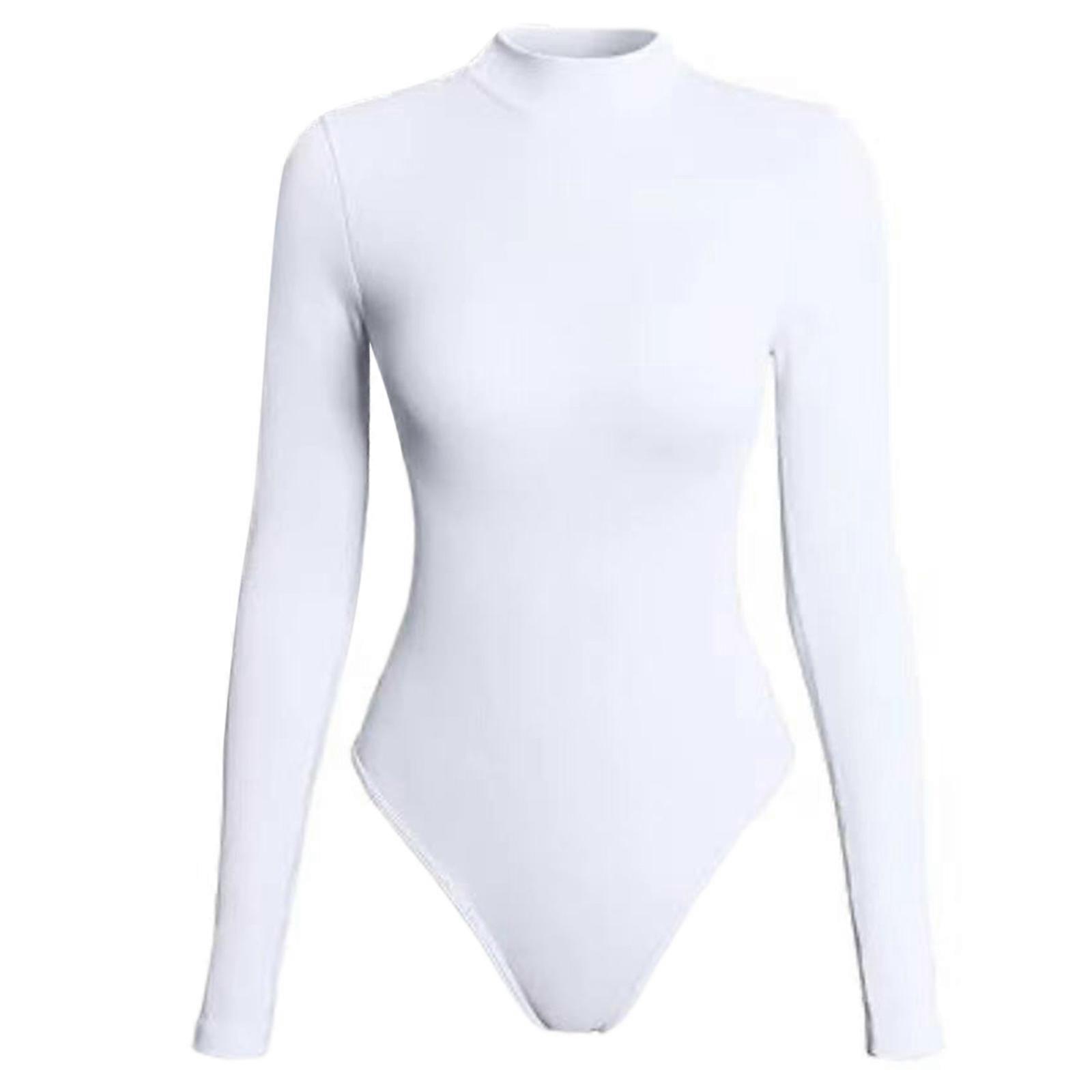 Stylish and Comfortable Women's Long Sleeve Bodysuit with Mock Neck Solid Color Jumpsuit  White M
