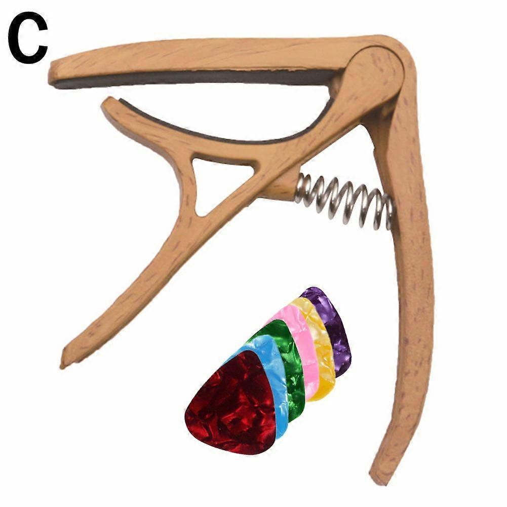 Light wood grain color + 6 1mm heart-shaped picks (C)$ Guitar nylon capo chord storage pick three-in-one capo ukulele transposer