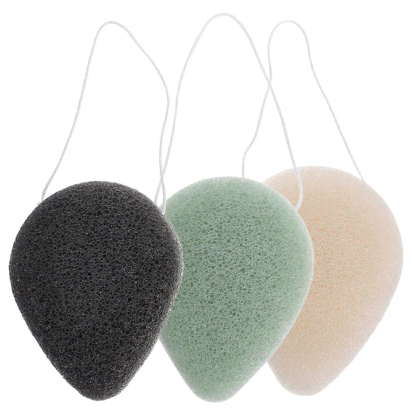 3PC Drop Shape Facial Sponge Activated Bamboo Charcoal Face Cleansing Exfoliating Skin Body Massage Tools for Women and Men (Black, Green and Beige)