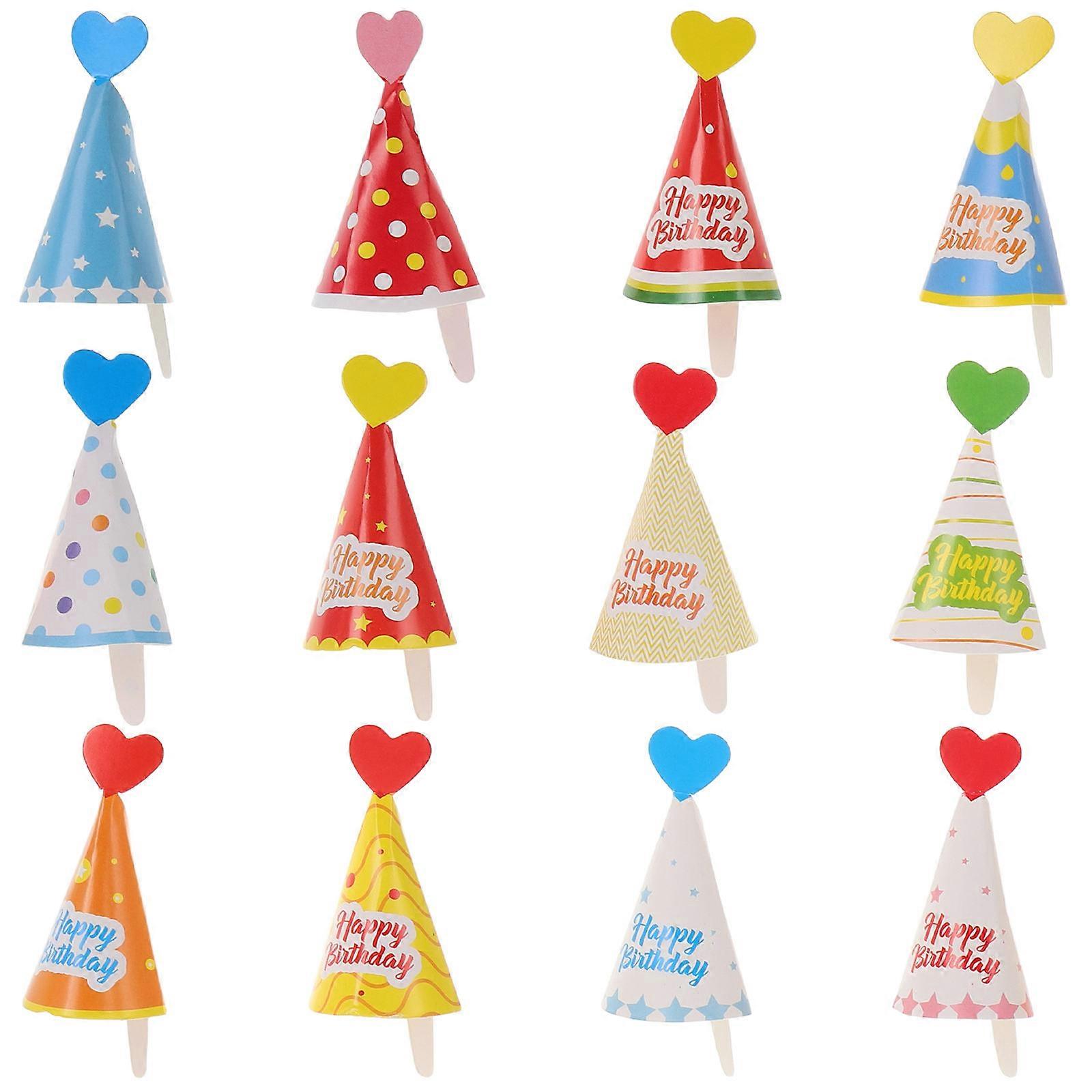36pcs Mini Birthday Cake Toppers with Cute Insert for Party Hat Decorations Multi