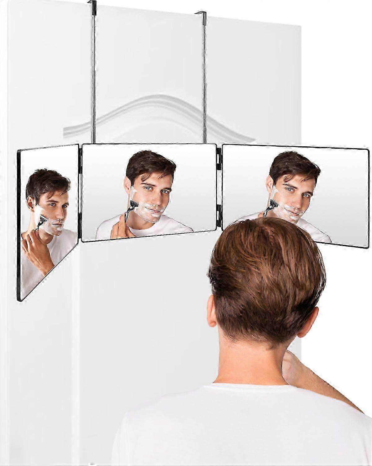 360 degree mirror, clear 3-way mirror with height-adjustable hook - portable and foldable for DIY hair cutting, dyeing, braiding, shaving and make-up