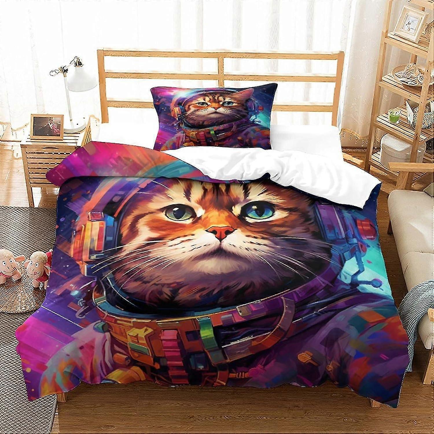 2 Pieces Space Cat Bedding Set with Pillowcases Soft Microfiber Duvet Cover Double Size Single
