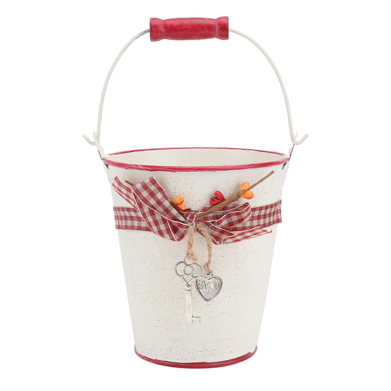 1pc Wooden Handle Iron Bucket Home Adornment Bowknot Flower Bucket Decor