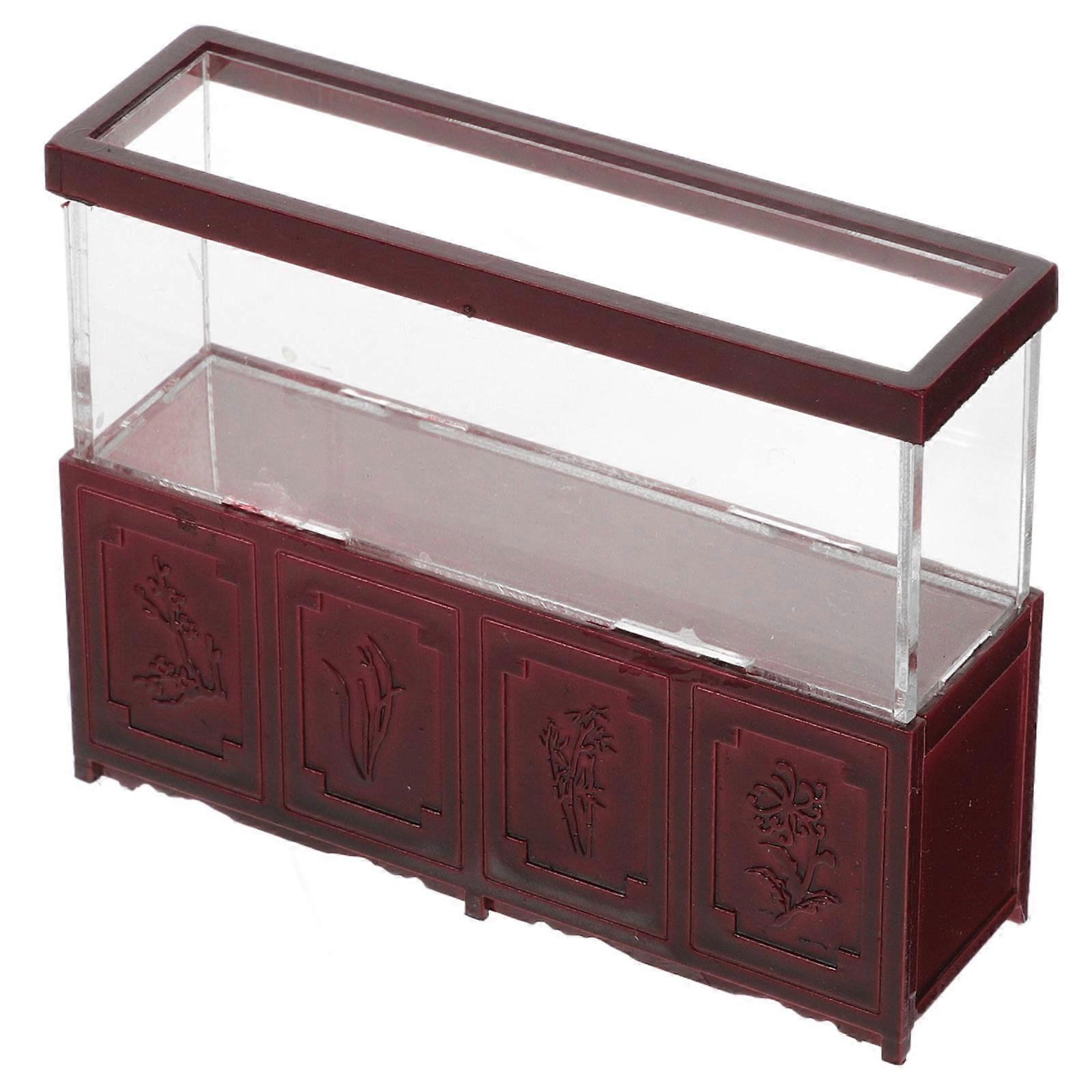 Miniature House Decoration Simulation Fish Tank Model for Desk Decor Dark Red Wood and Acrylic 7.5 x 5.5 x 4.5 inches