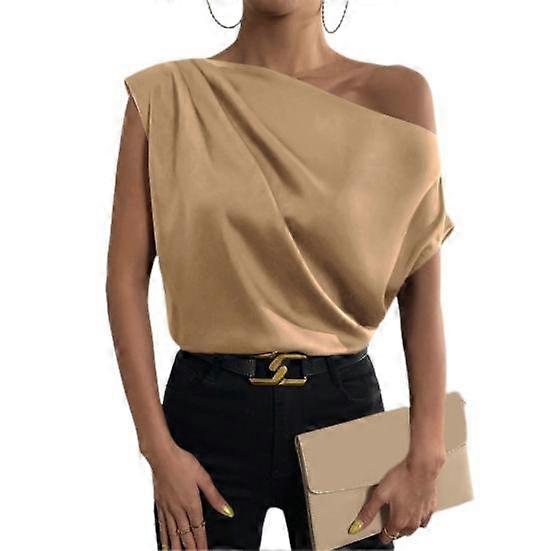 Shirt Irregular Off-Shoulder Boat Collar Top Sleeveless Simulated Silk Blouse Smooth Satin Dating Tops