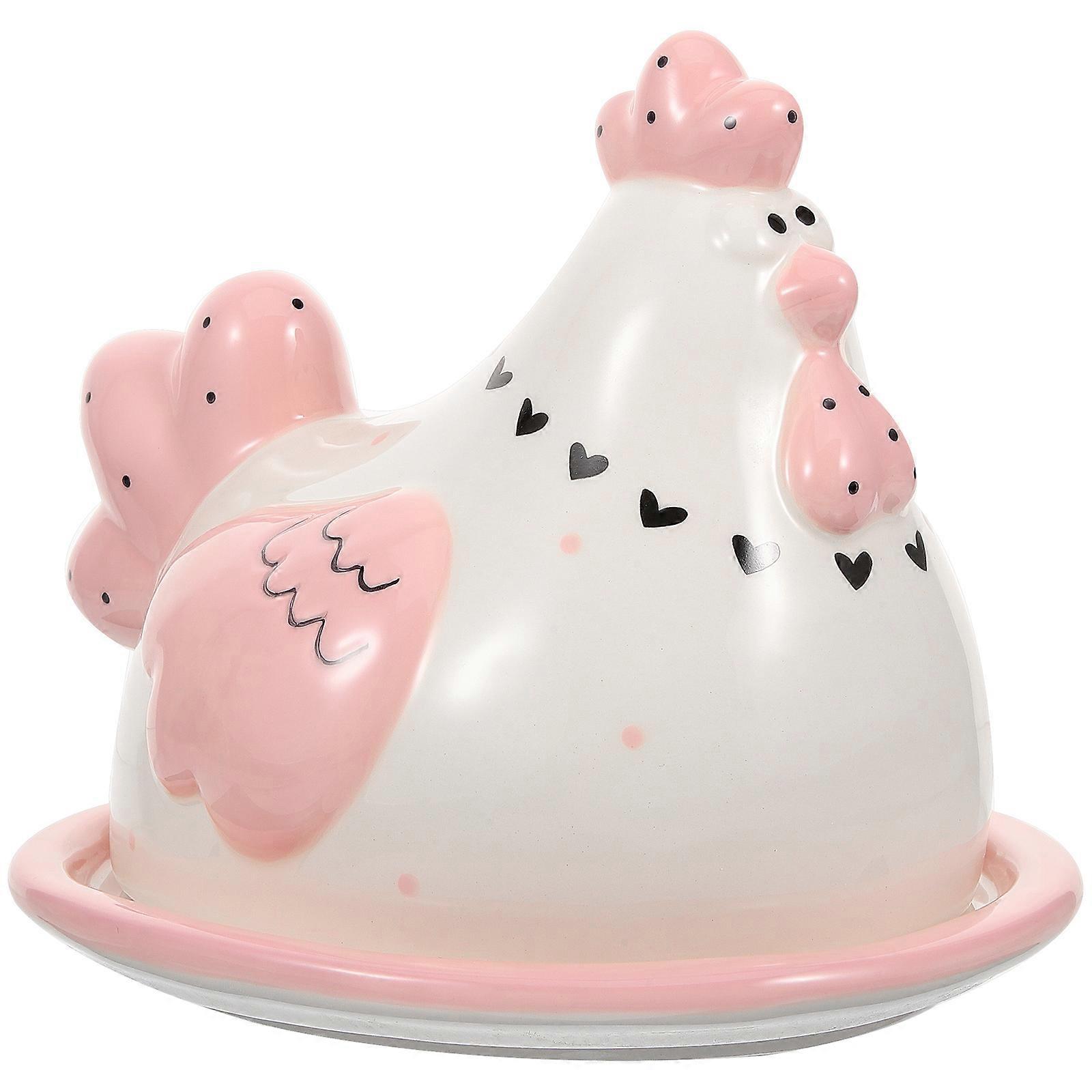 Pink Ceramic Cheese and Butter Storage Box with Chicken-Shaped Lid for Kitchen Use