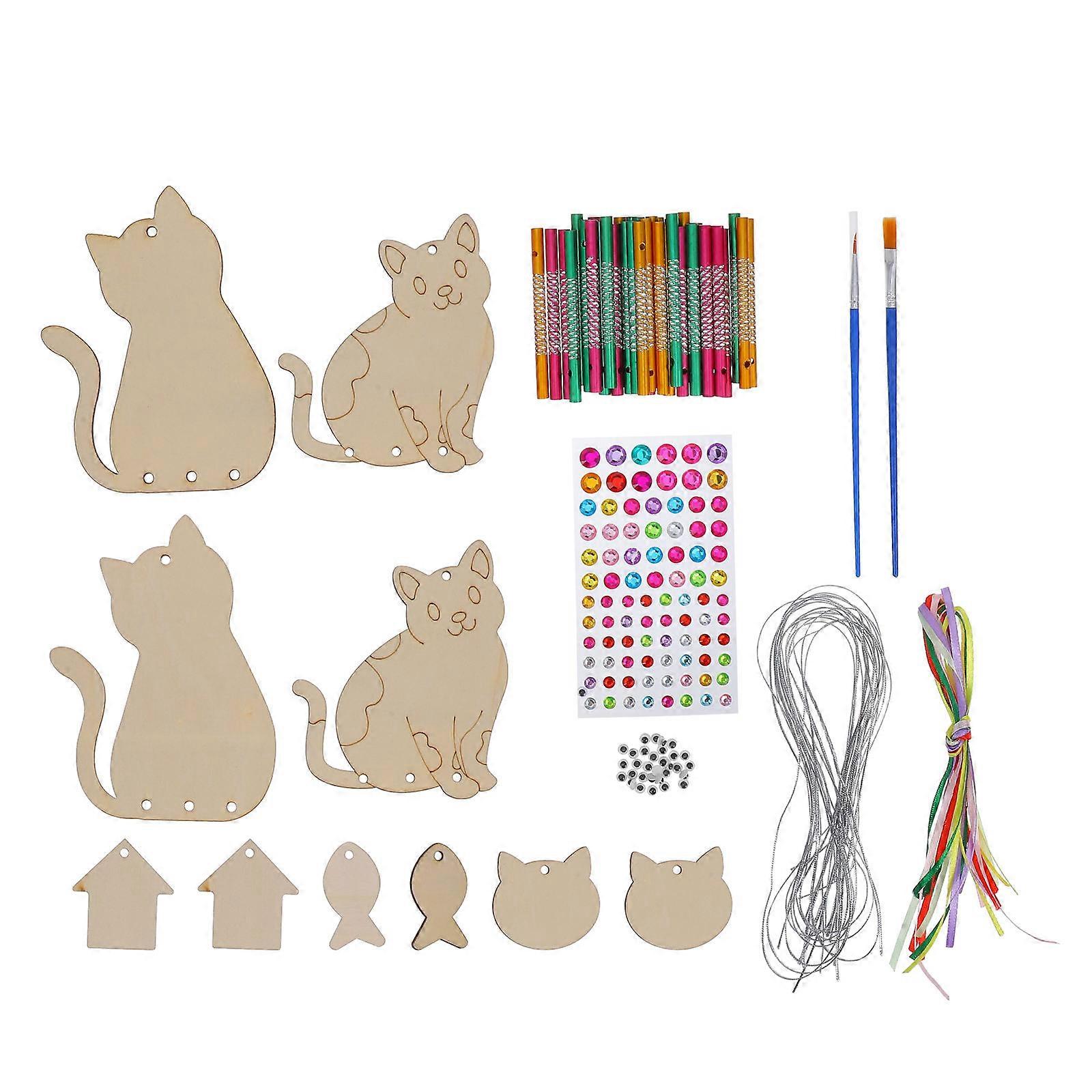 Wooden Wind Chime Diy Adorable Cat Design Versatile Decoration Skill Development 1Set