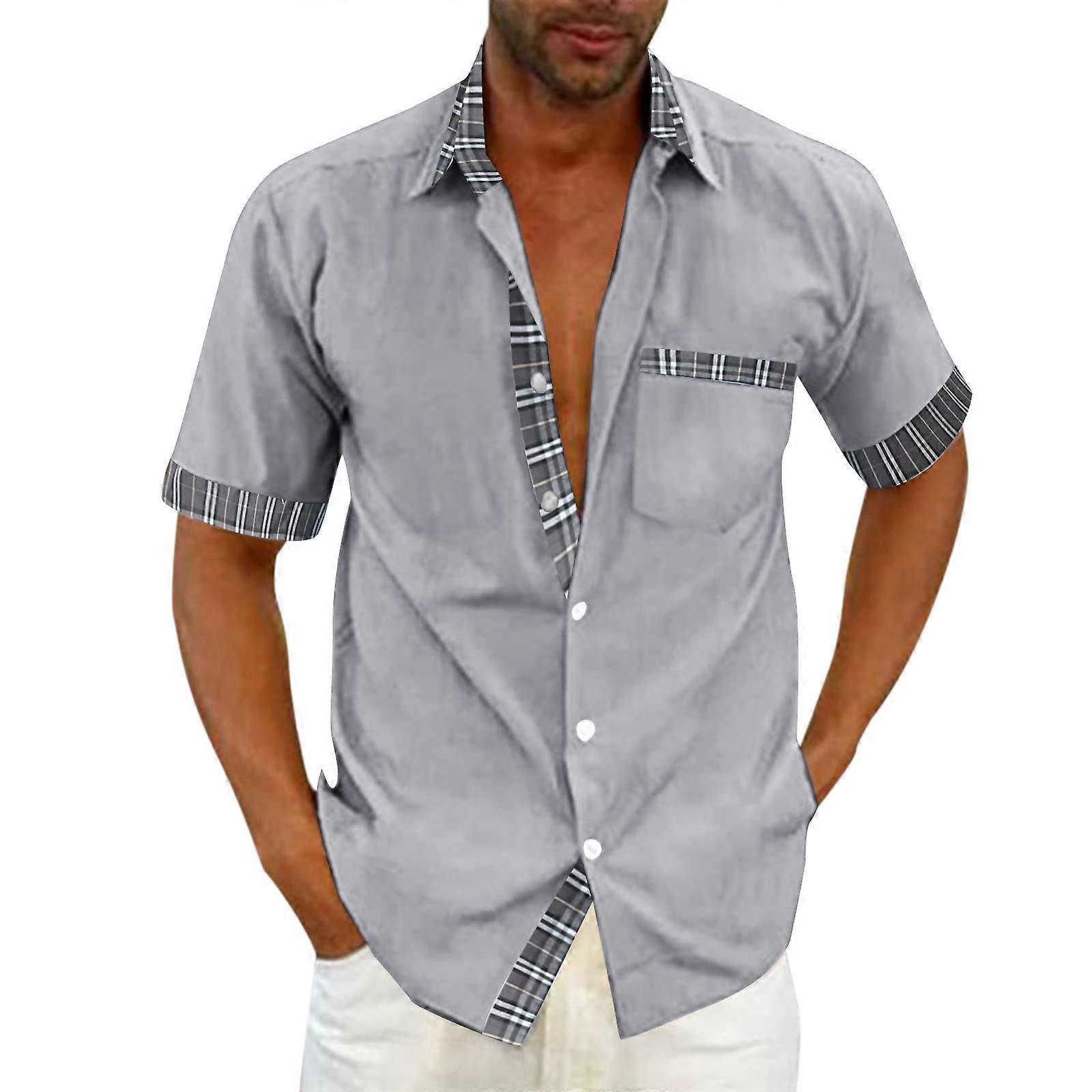 Linen Shirt Men's Short Sleeve Button Down Regular Fit Cotton Linen Blend Solid Color With Pockets Summer Top Size M