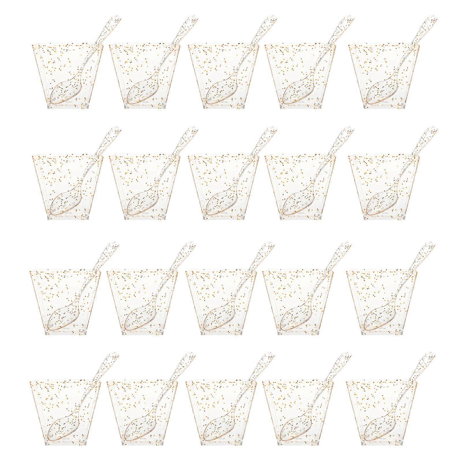 Golden Plastic Dessert Cups with Smooth Surface andSpoons for Home Use 20 Sets