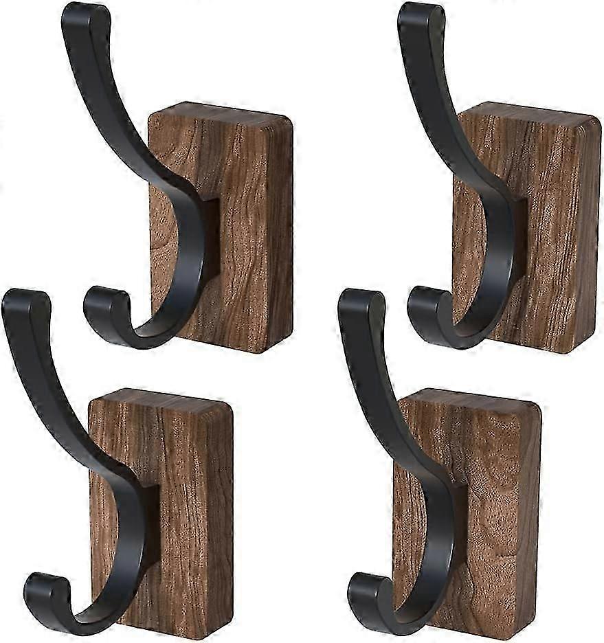 4 PCS Black Walnut Wood Wall Hooks Adhesive & Mounted Rustic Entryway Hooks Mid Century Modern Wooden Pegs