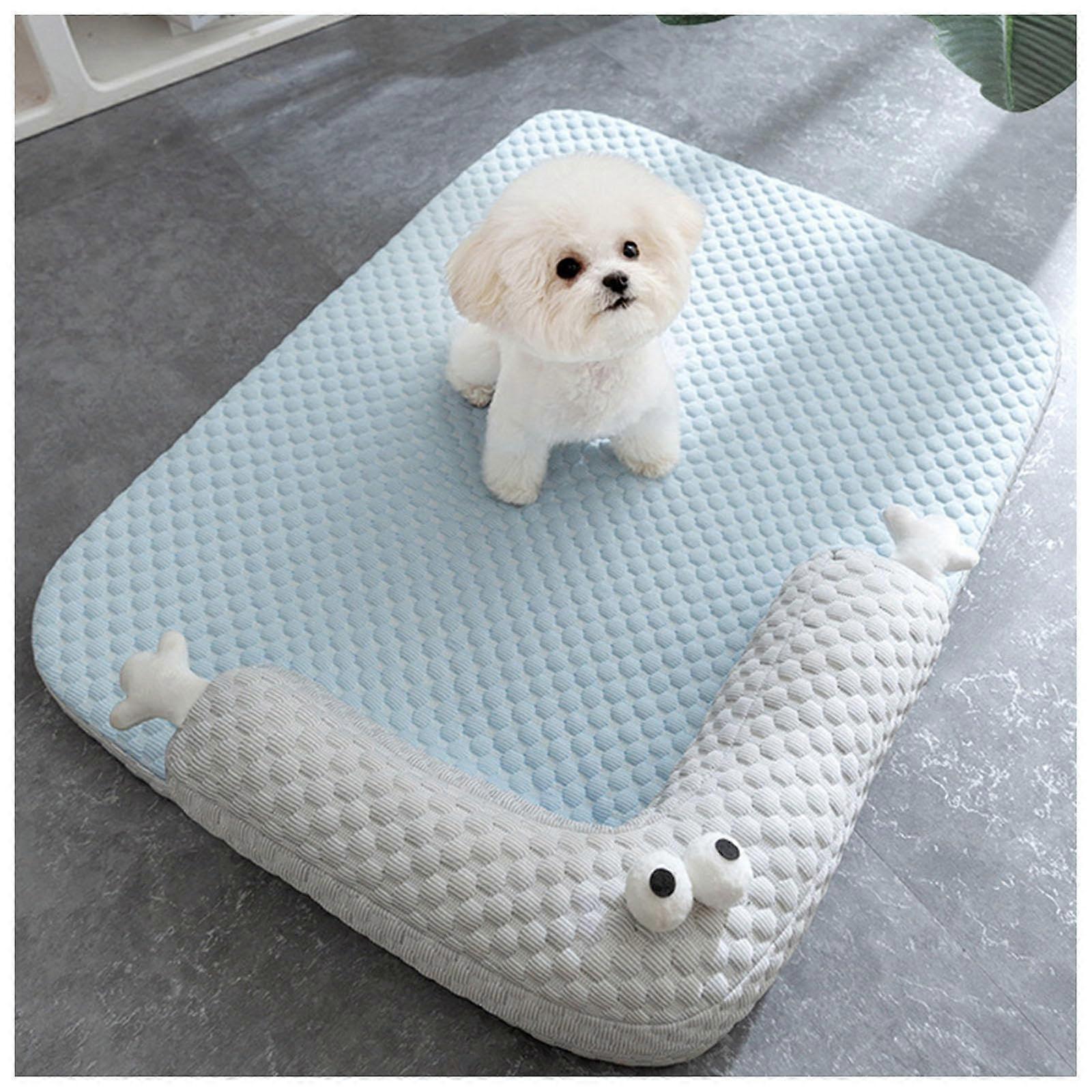 Dog Cooling Mat with Elevated Edges, Removable Washable Cover, Non-Slip, Durable and Bite-Resistant, Natural Cooling, Blue M Size