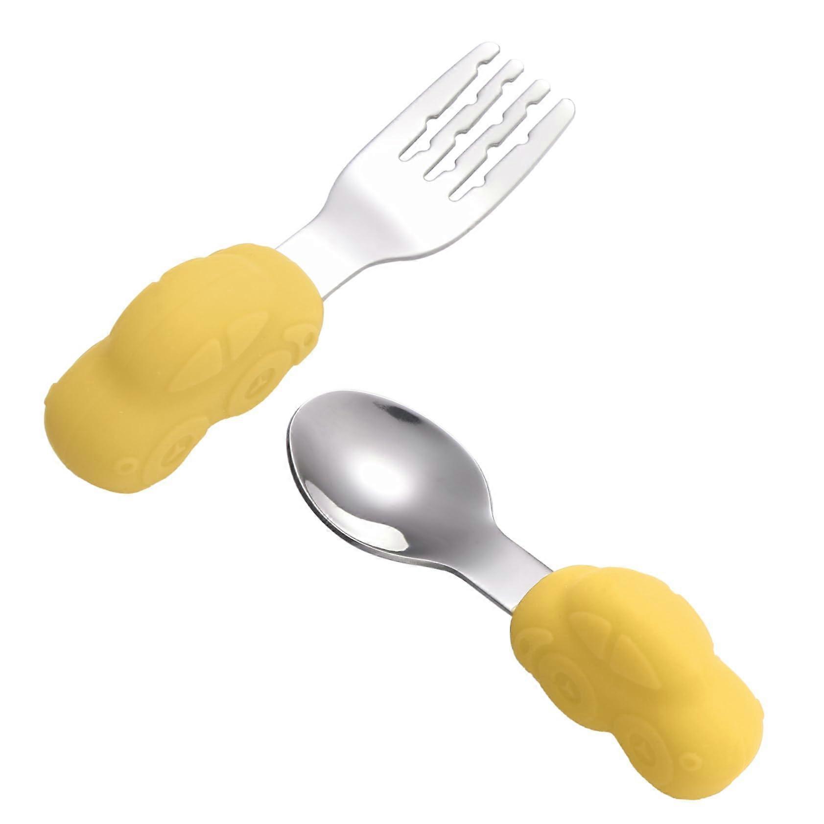 Silverware Training Short Handle Fork And Spoon, Stainless Steel, 1 Pair, For Home And Restaurant Use, Lemon Color