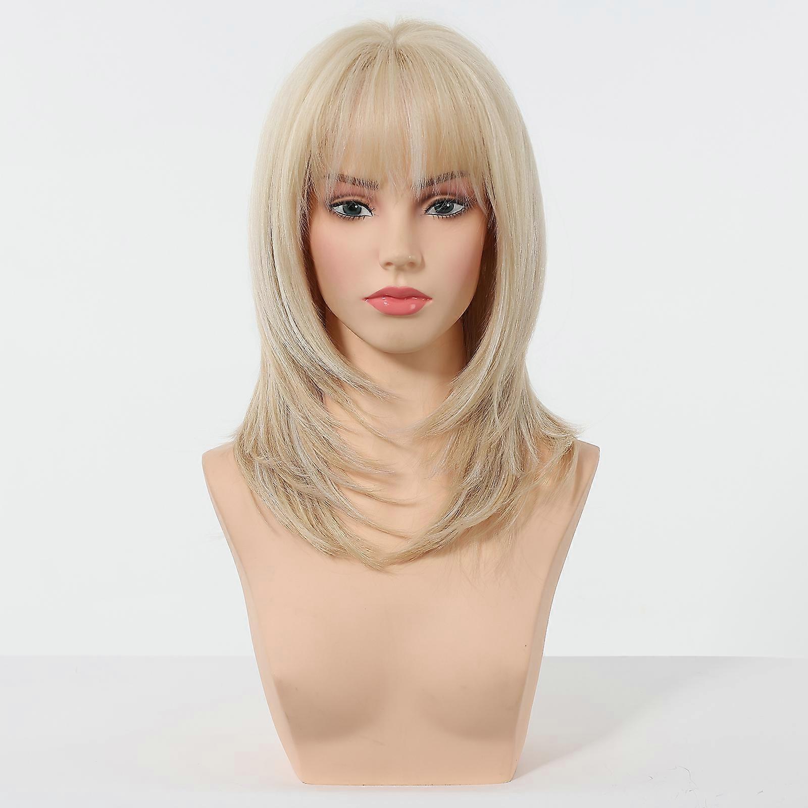 Haircube Natural Wavy Layered Shoulder-Length Blonde Synthetic Wig with Bangs – Effortlessly Chic