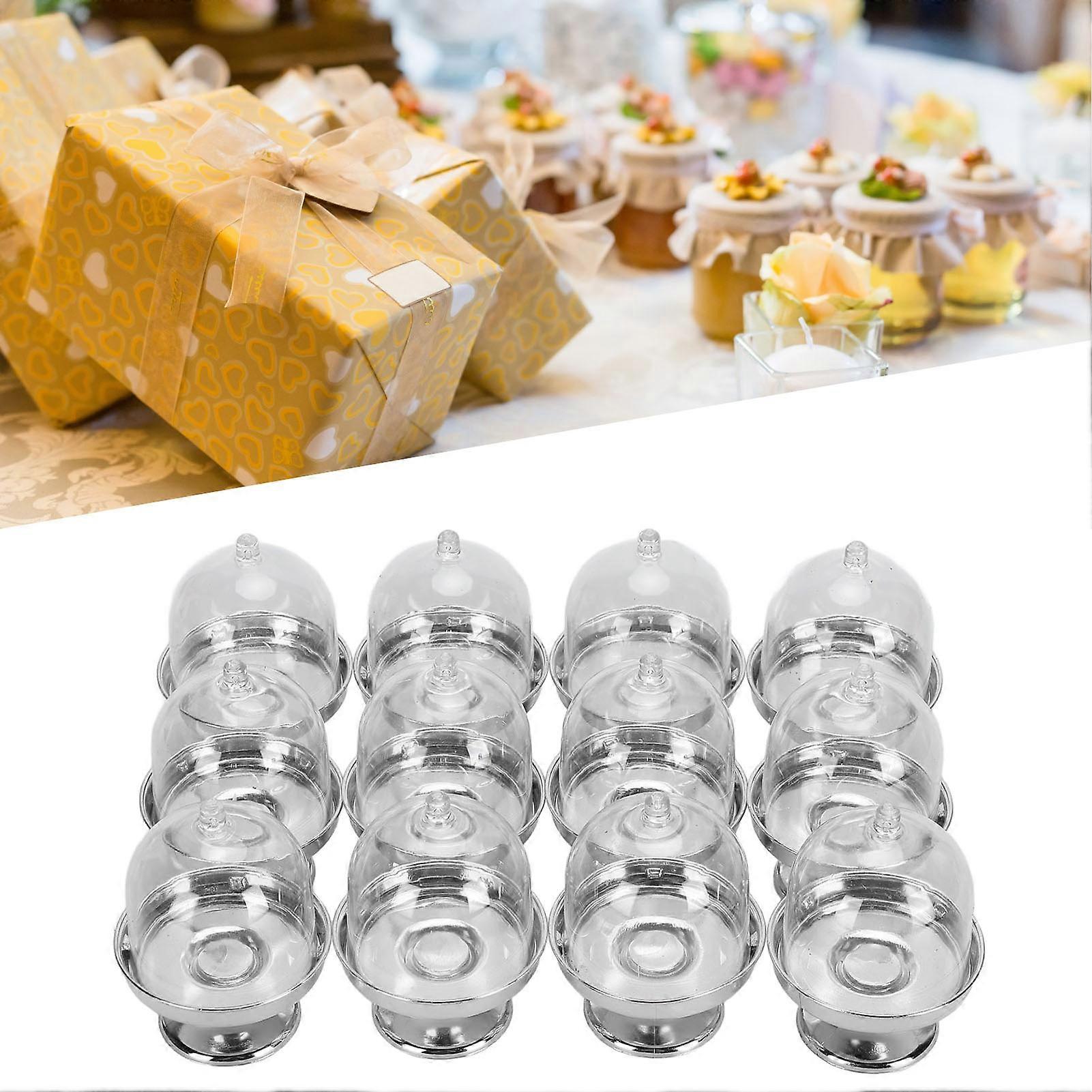 12pcs Clear Mini Cake Plates with Silver Base & Dome Covers - Plastic