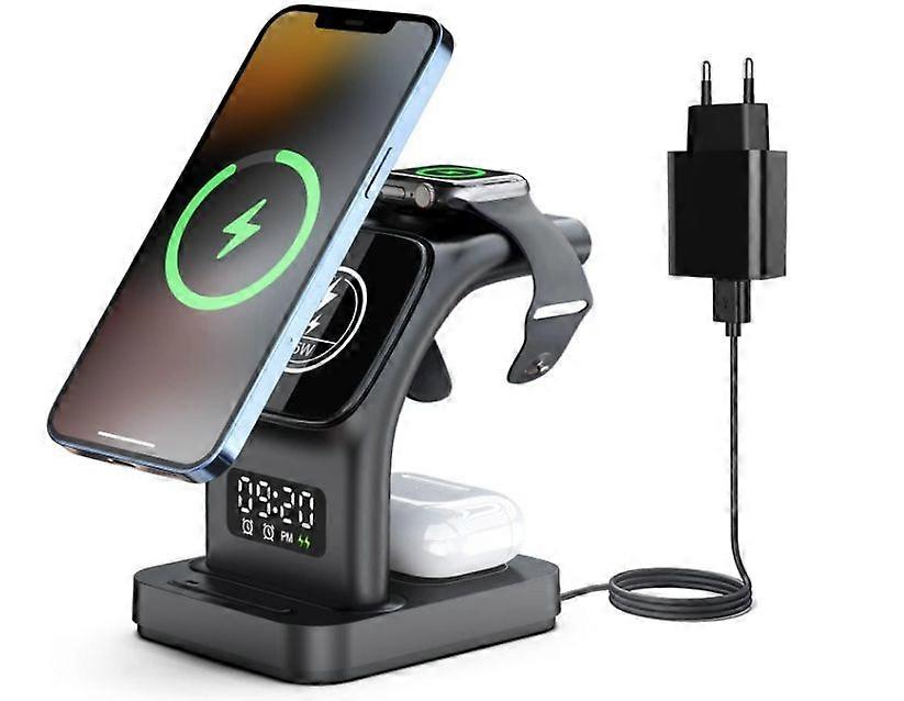 5 in 1 15W Wireless Charging Station with Alarm Clock & Night Light, Compatible With MagSafe iPhone 14/13/12, Apple Watch,Airpods(Black)