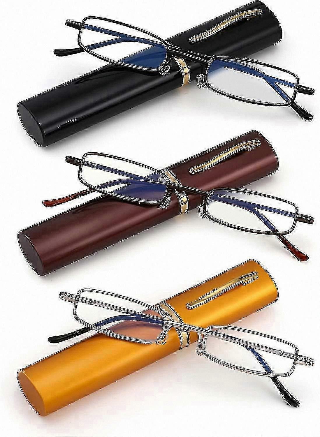 Blue Light Blocking Reading Glasses - 3 Pack Metal Frame with Spring Hinge, Portable Tube for Men & Women