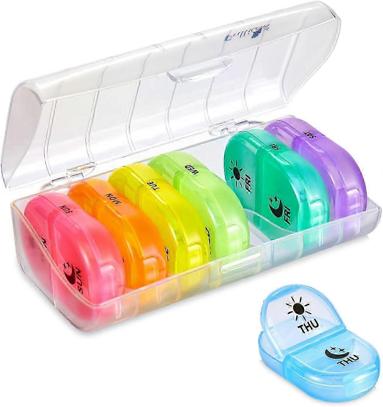 Pill Box Organiser 2 Times A Day, Portable 7 Day Pill Boxes, Tablet Organiser with Large Compartments (Clear Rainbow)
