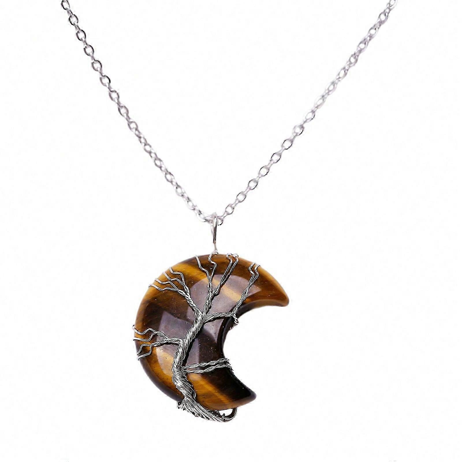 Wire Wrap Tree of Life Crescent Moon Pendant Necklace Crystal Stone Resin Pendant Necklaces for Women Men Collarbone Chain