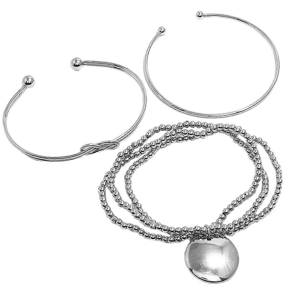 Silver Bracelet Set for Decoration 6Pcs Multi-Layer Geometric Round Bead Bangle