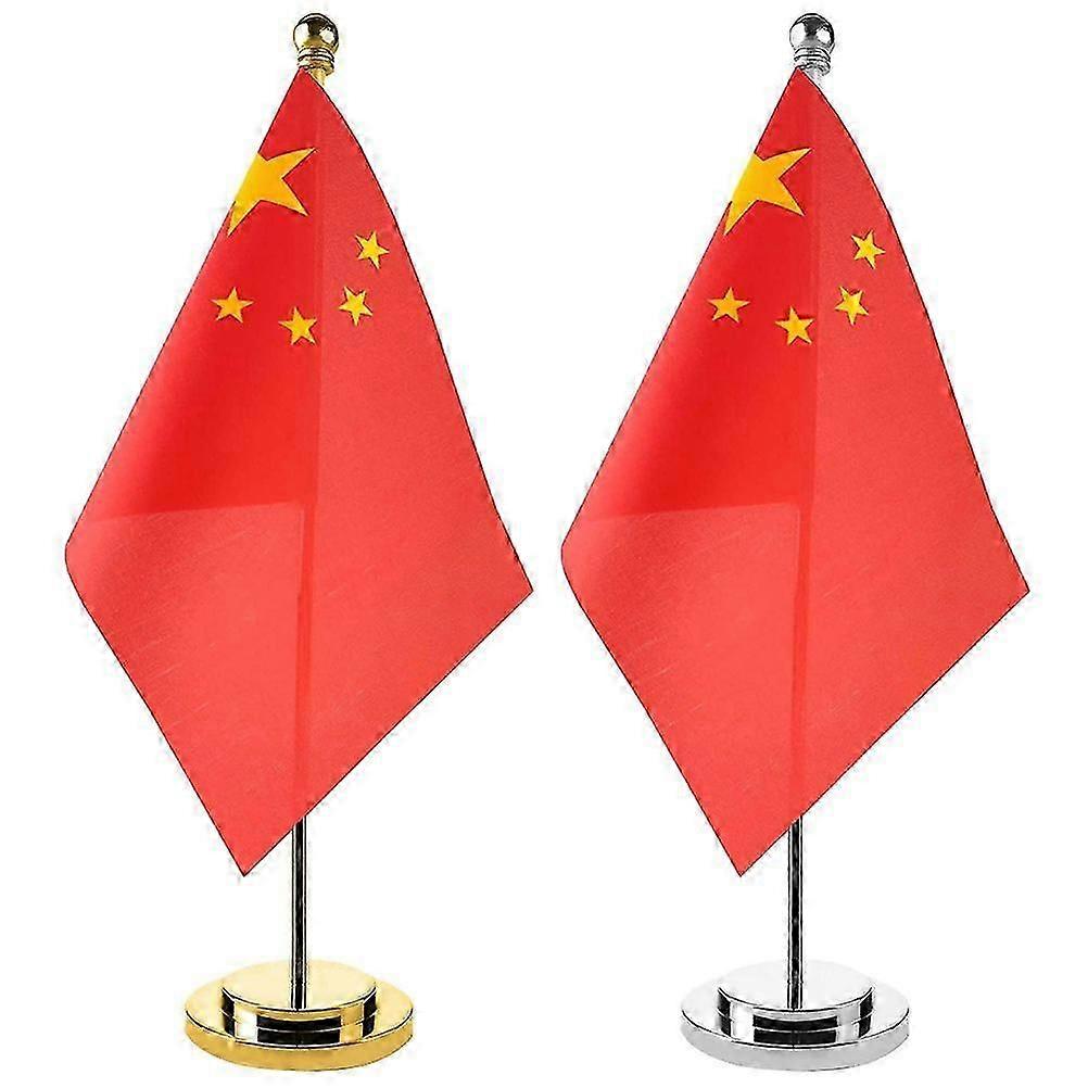 2 Sets of China Table Flag Decorative Chinese Desktop Flag with Metal Base Pole