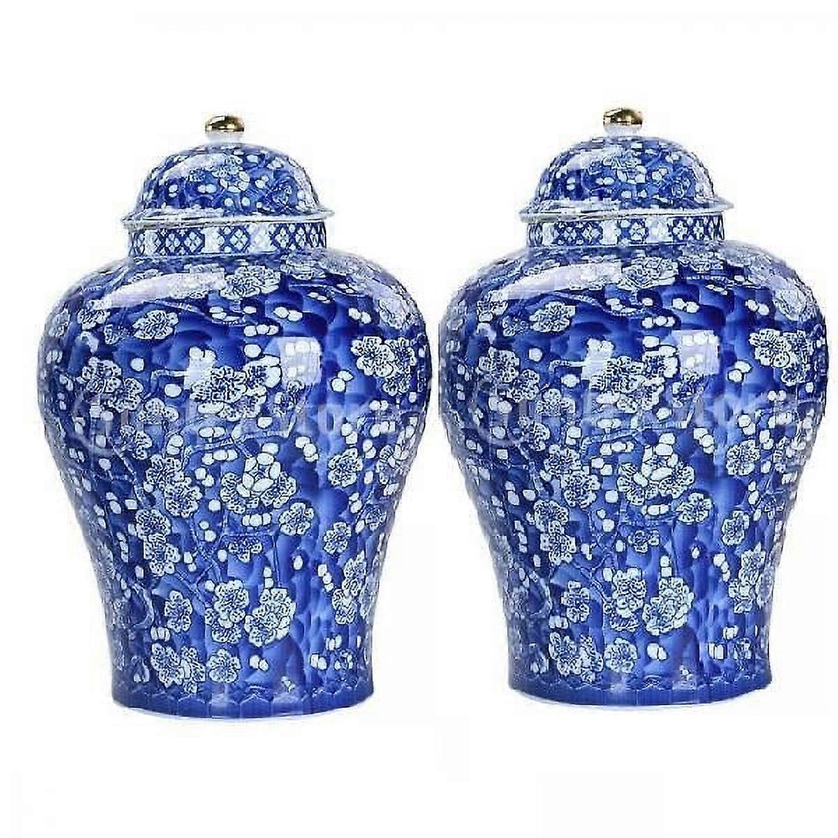 2Pcs Chinese Style Plum Ceramic Bud Vase Ginger Jar with Lid Glazed Decor
