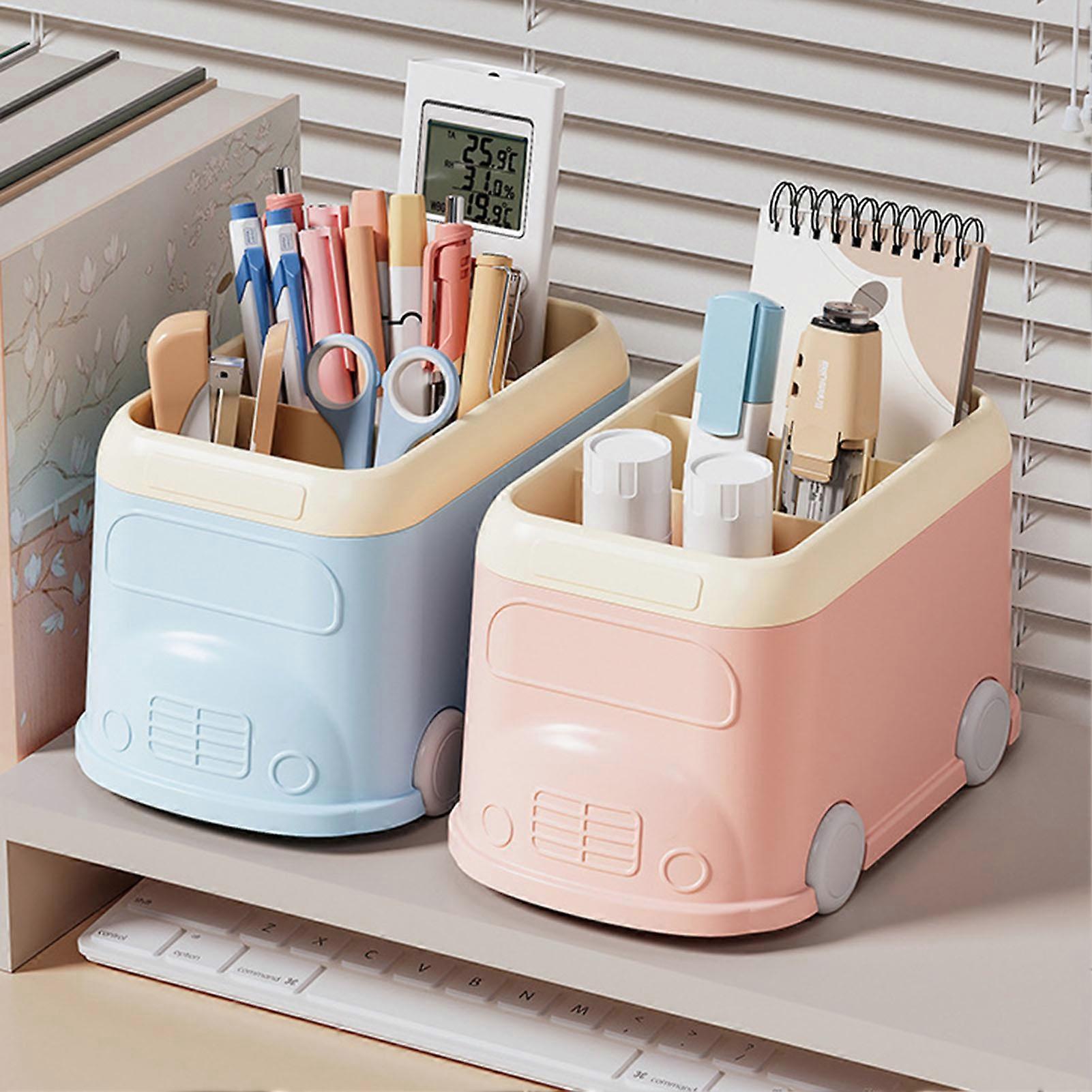 SUSUchens Desktop Pen Holder, 3 Compartments, Large Capacity, Cute Bus Shape, Multifunctional Pencil Organizer, Storage Box, Blue