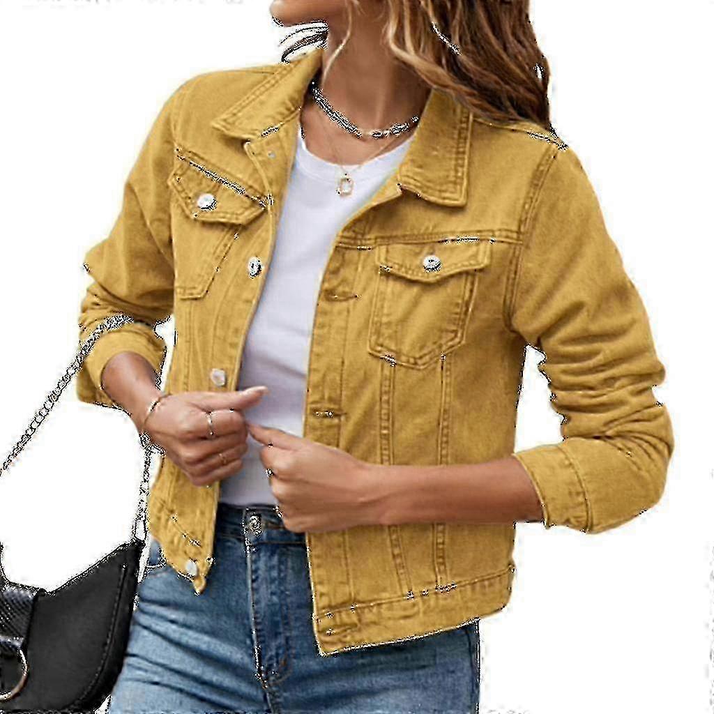 Women's Button Down Long Sleeve Cropped Denims Jean Jacket With Pockets V