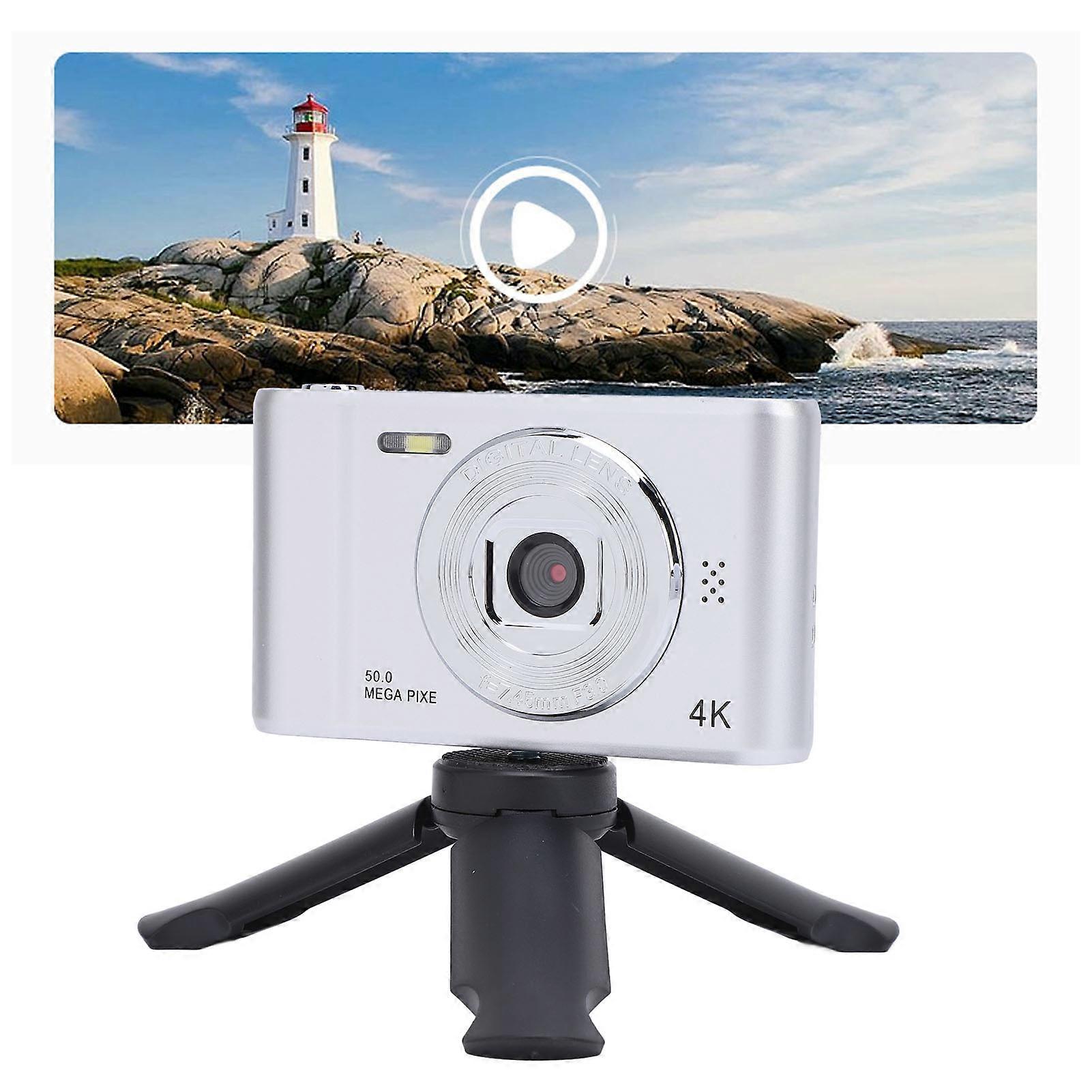 Digital Camera 50MP Dual Lens Self Adaptive Anti Shaking 2.4 Inch Screen Portable Compact Camera for Kids Students Vlog Silver 