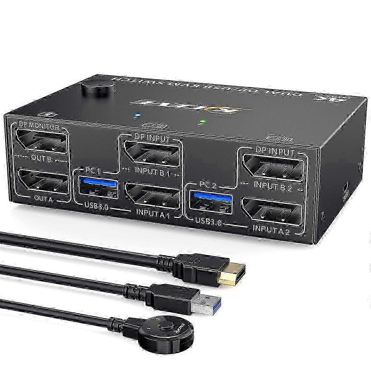Dual Monitor KVM Switch with DisplayPort 1.4, 4 USB 3.0 Ports for 2 Computers, 2 in 2 Out DP KVM Switch Edition 1104