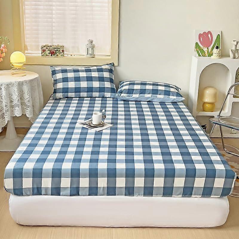 King Size Fitted Sheets Breathable All Around Elastic Deep Pocket 27cm 3D Plaid Grey Blue 2 Pillowcases