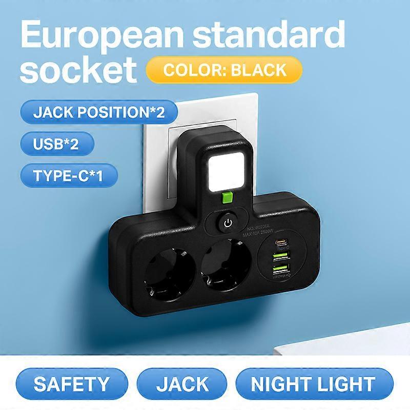 EU plug power board, multi plug adapter, wall socket with 2 AC sockets,   3 USB ports (1 Type-C), independent night light switch