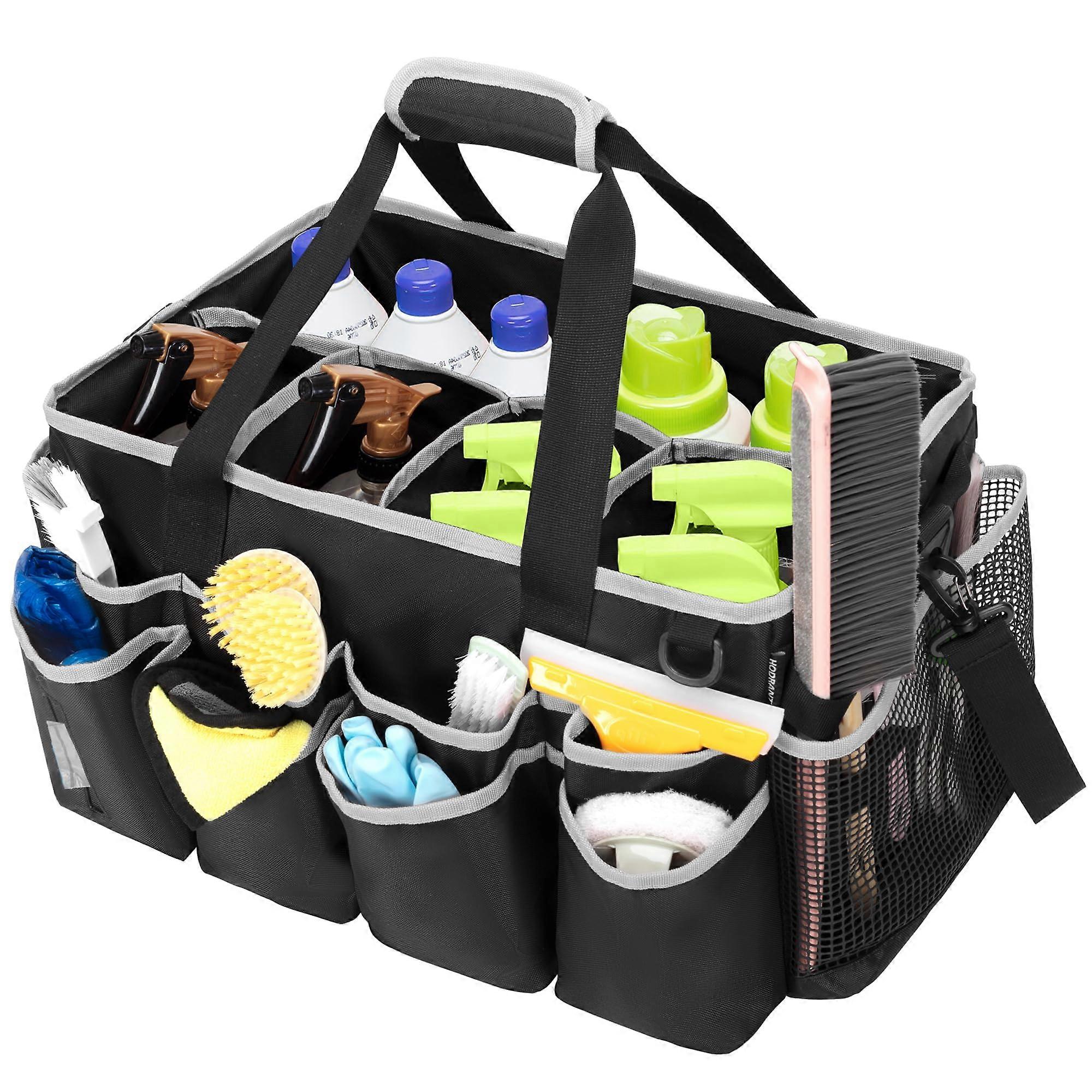 Large Cleaning Caddy Organizer Bag with Multiple Pockets, Detachable Strap, Gray Edge Black