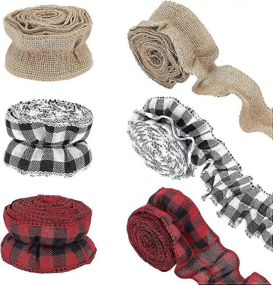 6 Rolls Ruffled Burlap Ribbon 3 Styles Christmas Tree Ribbon Garland Borders Trim 2 Inches Wide Red and Black Checked Burlap for Christmas Tree Gift W