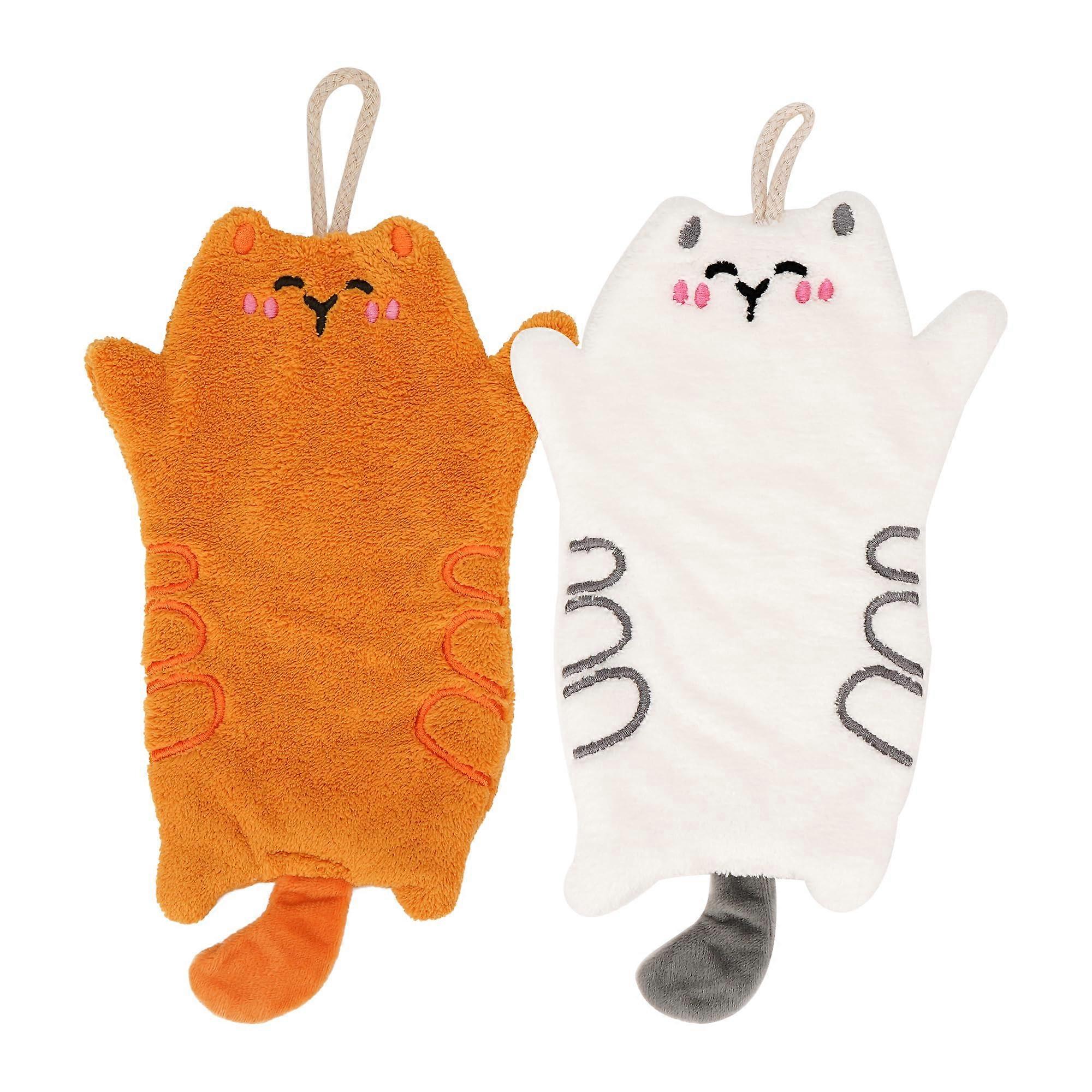 2Pack Cute Cat Hand Towels Soft Absorbent Coral Fleece with Hanging Loop for Bathroom and Kitchen