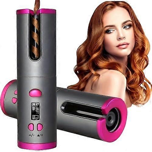 Automatic Hair Curler Cordless Curling Iron with OneButton Auto Curling and USBC Charging Grey Red