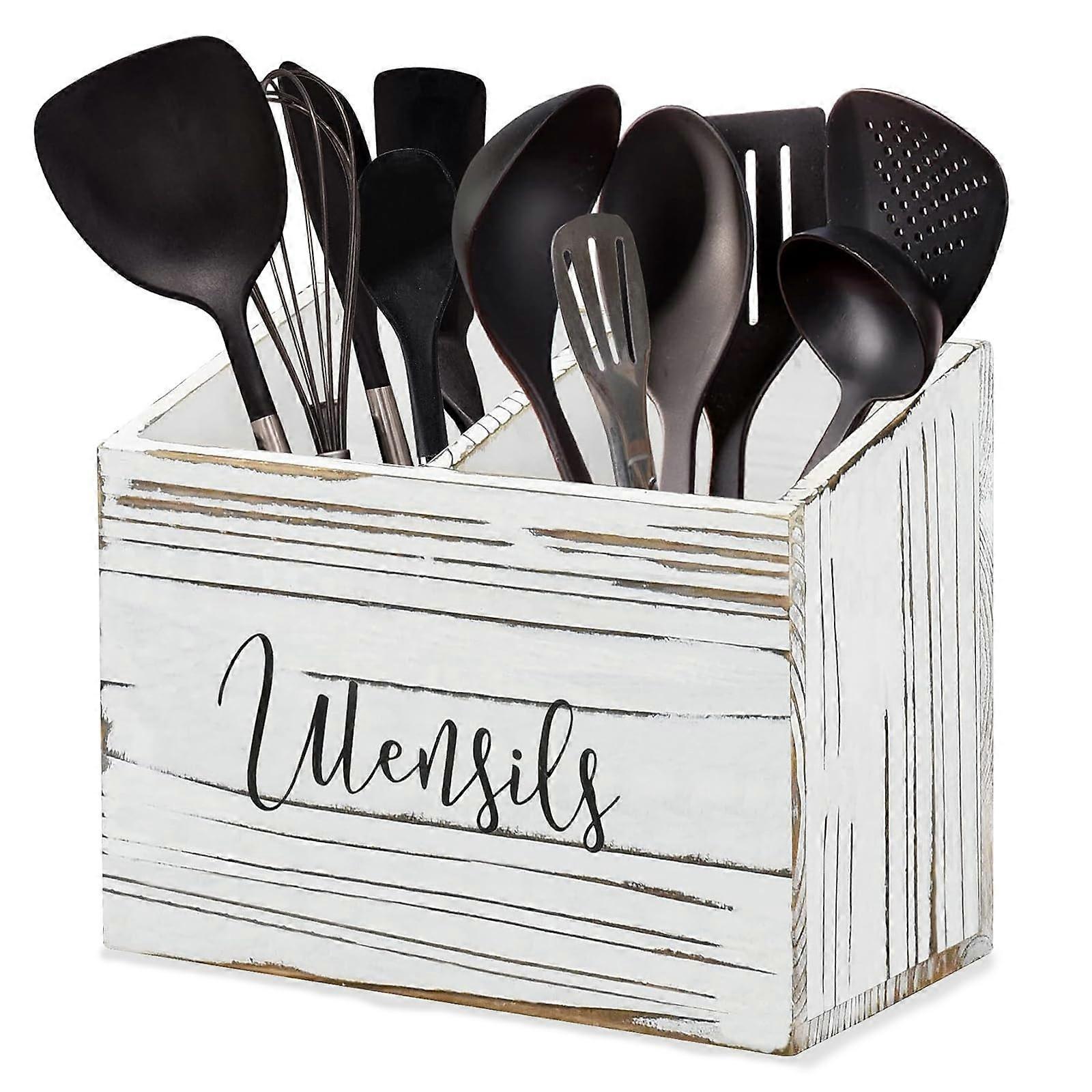 Wooden Utensil Holder for Kitchen Counter, Large Capacity Rustic Pine Organizer with 3 Compartments