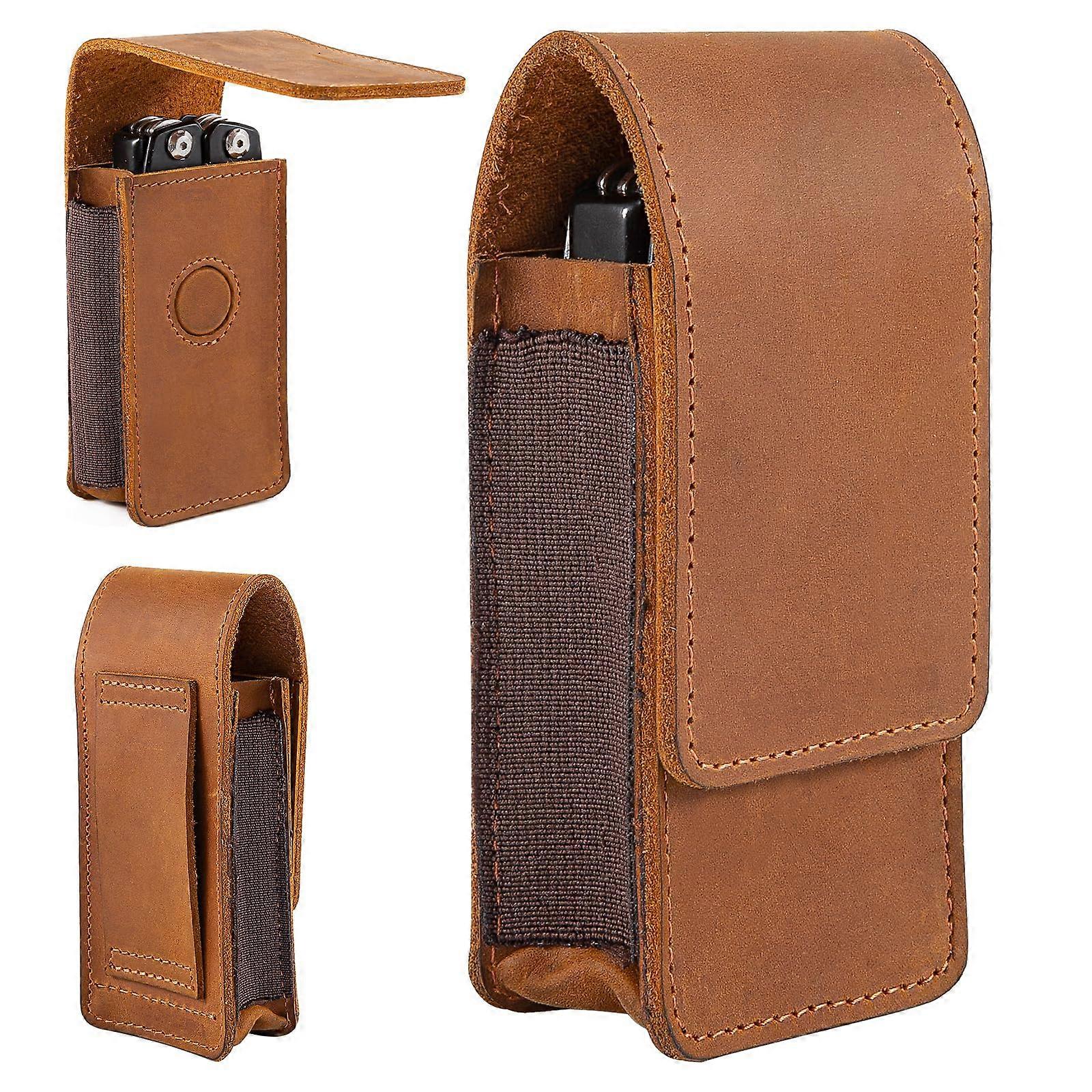Leather Multitool Sheath for Belt with Magnetic Lock, Leatherman Compatible EDC Organizer Pouch Brown