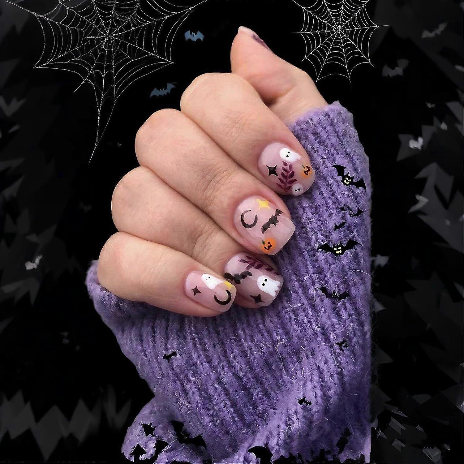 Halloween Press On Nails with Ghost Pumpkin Bat Design, Reusable Short Acrylic False Nails 24Pcs