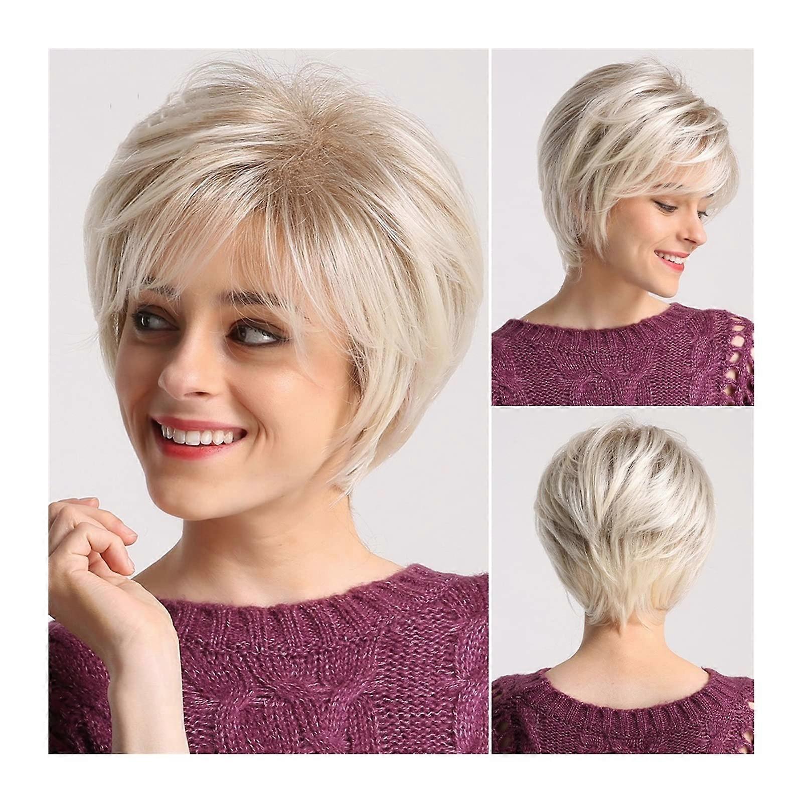 Short Pixie Cut Wig with Bangs 8 Inch Light Brown Mixed Blonde Heat Resistant Synthetic Bob